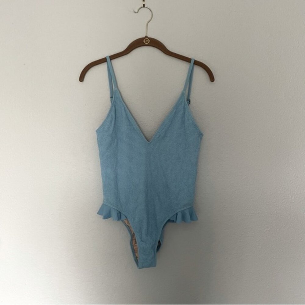 Blue One Piece Swimsuit Textured with Ruffles NWOT